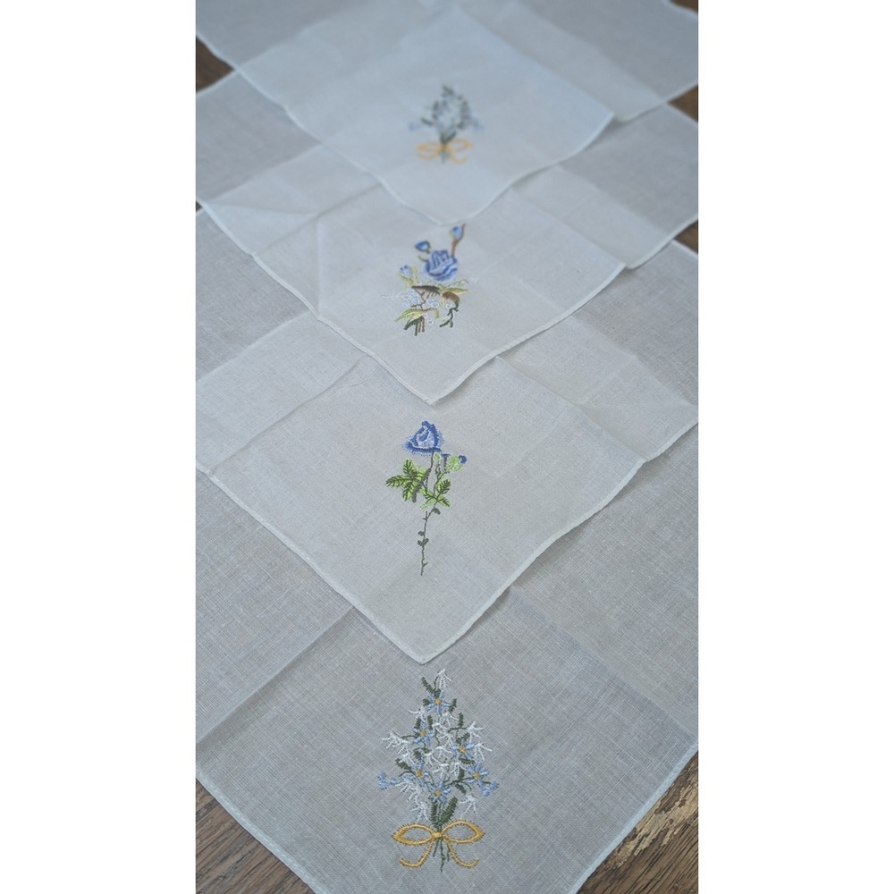 Hand Embroidered White Cotton Handkerchief Blue Flowers - Set Of 4 -